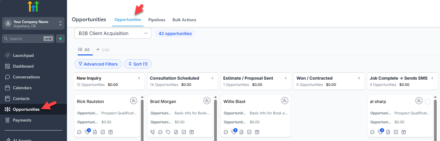 HighLevel CRM contacts and opportunities pipeline
