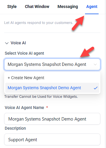 HighLevel Voice AI chat widget — select your agent