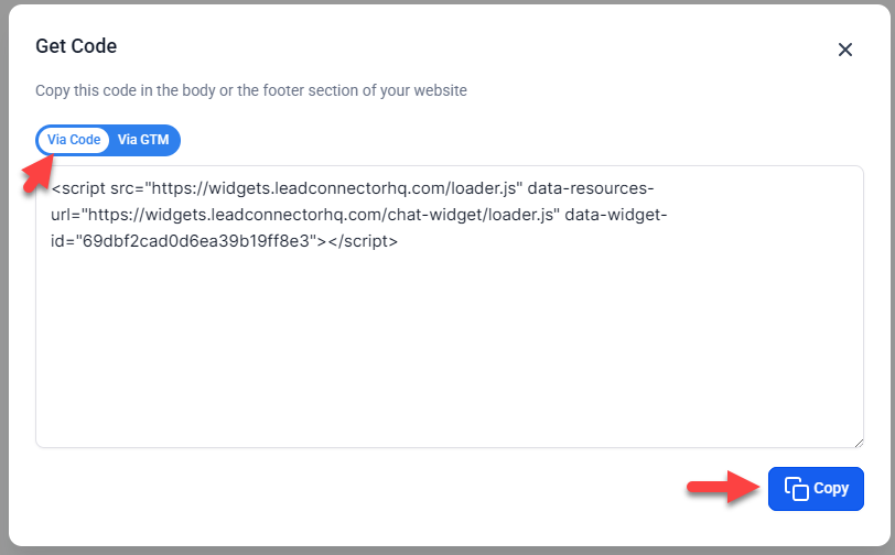 HighLevel Voice AI chat widget — copy embed script tag