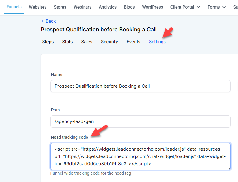 HighLevel funnel — paste Voice AI widget script into Head Tracking Code