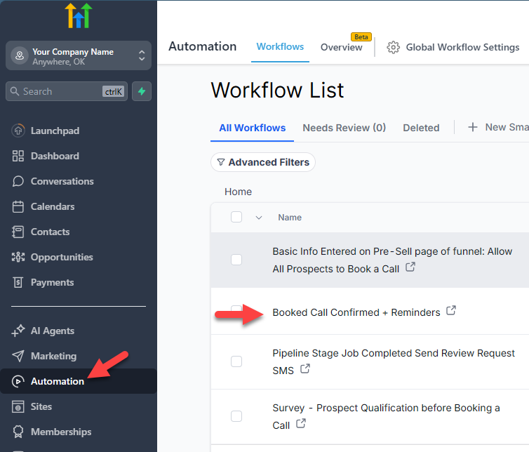 HighLevel automated workflow for booking confirmations