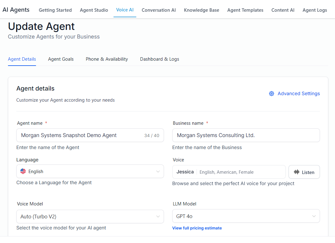 Agent Details section — Agent Name, Initial Message, Voice selector, and Language