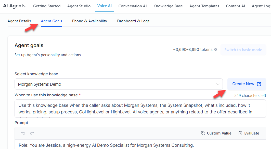 Agent Goals section — Knowledge Base dropdown with Create New button