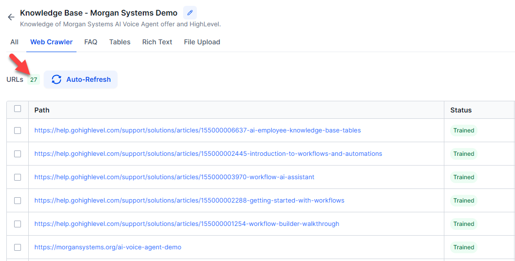 HighLevel Voice AI knowledge base URL list