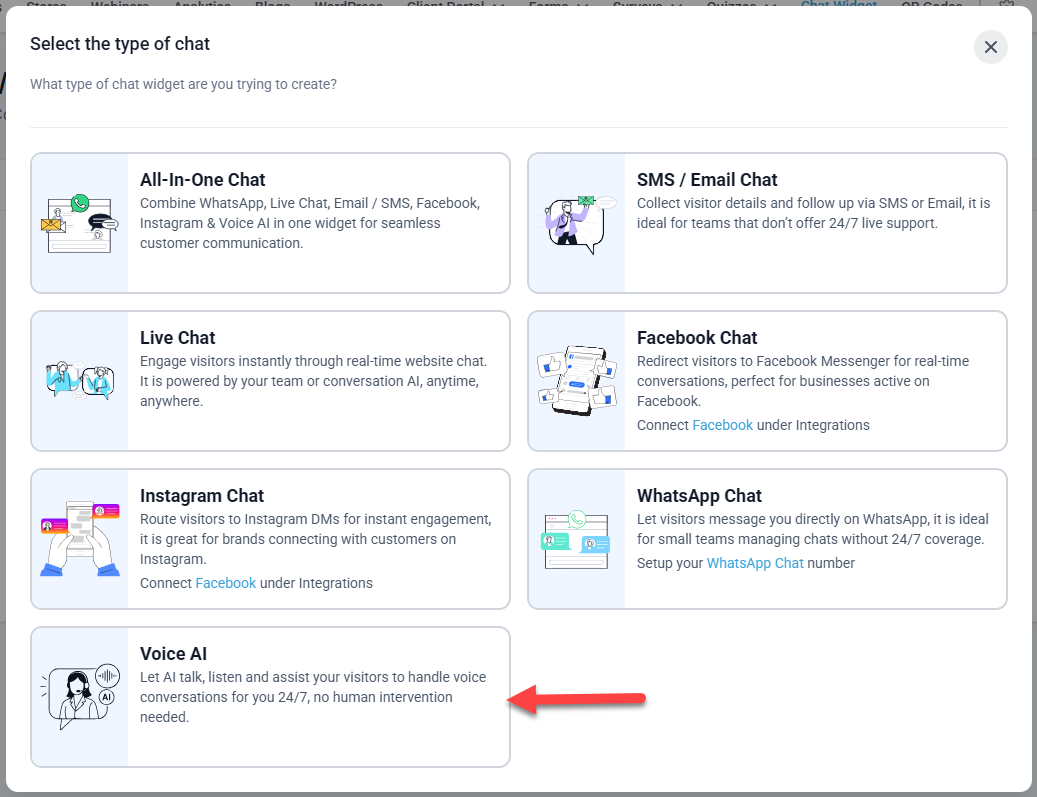 HighLevel chat widget — select Voice AI type