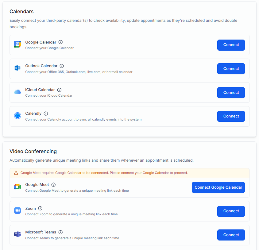 HighLevel calendar connections — Zoom, Google Meet, Calendly