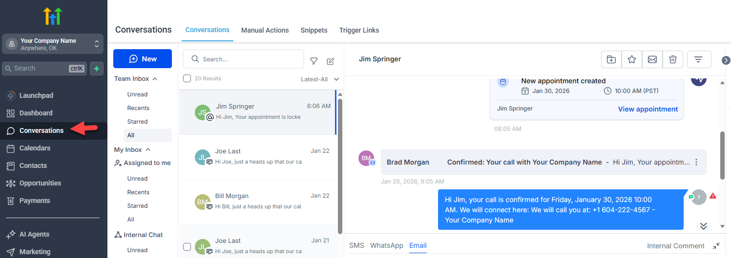 HighLevel Conversations unified inbox