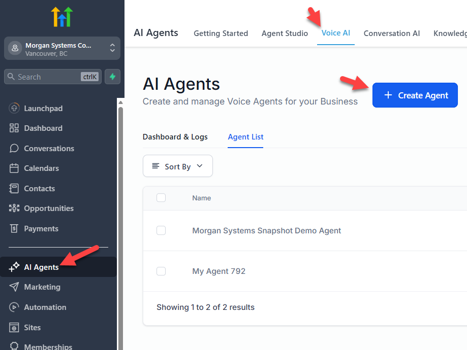 Voice AI > Agent List — showing the + Create Agent button