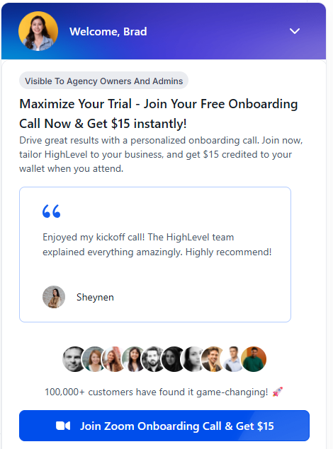HighLevel onboarding Zoom call signup screen