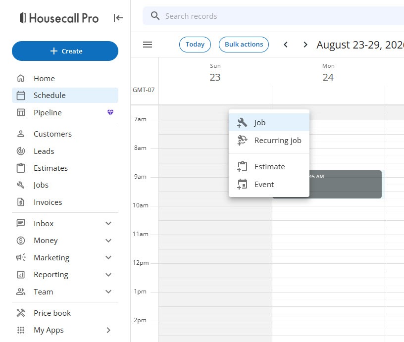 Screenshot of the Housecall Pro Schedule calendar with a right-click menu offering Job, Recurring job, Estimate, and Event