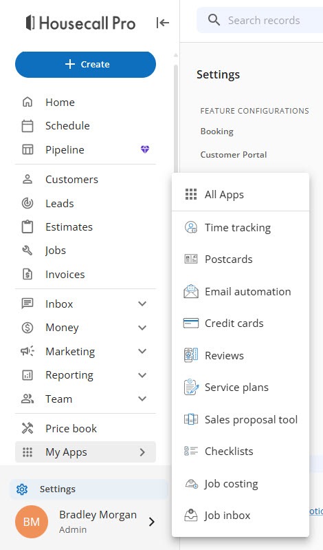 Screenshot of the Housecall Pro left menu with My Apps expanded to show All Apps, Time tracking, Postcards, Email automation, Credit cards, Reviews, Service plans, Sales proposal tool, Checklists, Job costing, and Job inbox