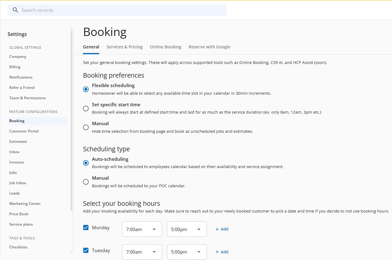 Screenshot of the Housecall Pro Booking settings General tab with booking preferences and Select your booking hours, showing day checkboxes and 7:00am to 5:00pm hours for Monday and Tuesday