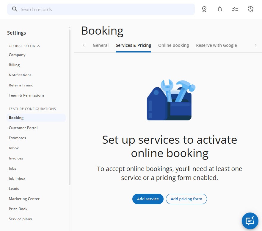 Screenshot of the Housecall Pro Booking settings Services and Pricing tab saying at least one service or pricing form must be enabled to accept online bookings, with Add service and Add pricing form buttons