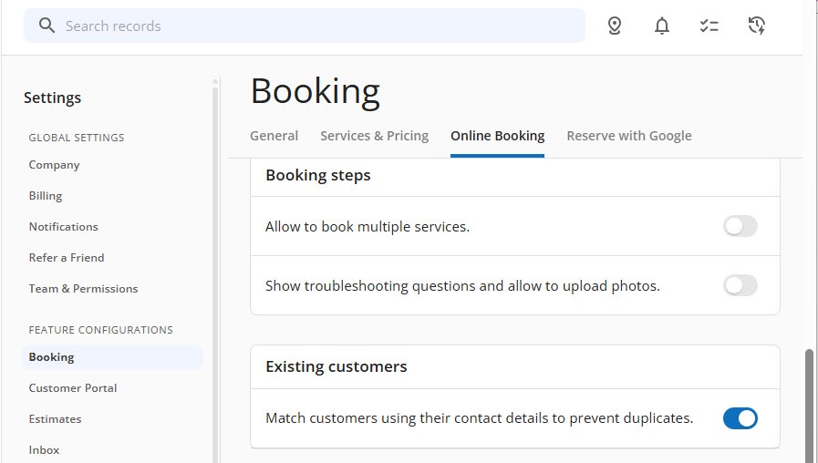 Screenshot of the Housecall Pro Booking settings Online Booking tab with switches to allow booking multiple services, show troubleshooting questions and allow photo uploads, and match customers using their contact details to prevent duplicates