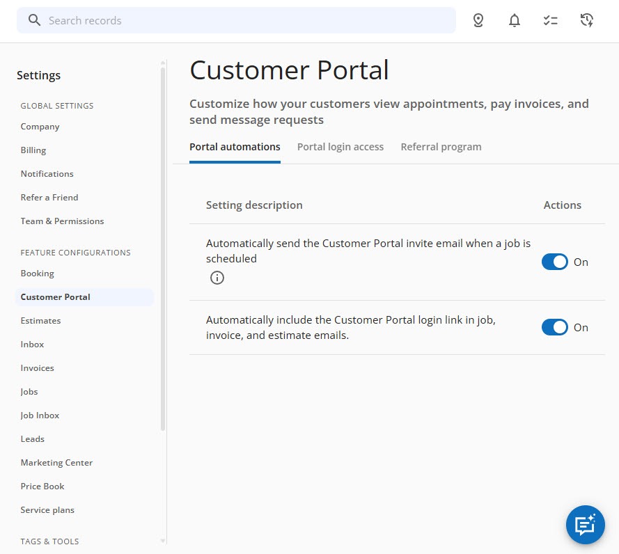 Screenshot of the Housecall Pro Customer Portal settings with Portal automations switches to send the portal invite when a job is scheduled and to include the portal login link in job, invoice, and estimate emails