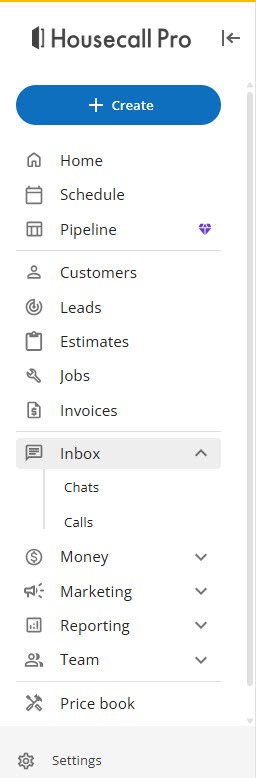 Screenshot of the Housecall Pro left menu with Inbox expanded to show Chats and Calls
