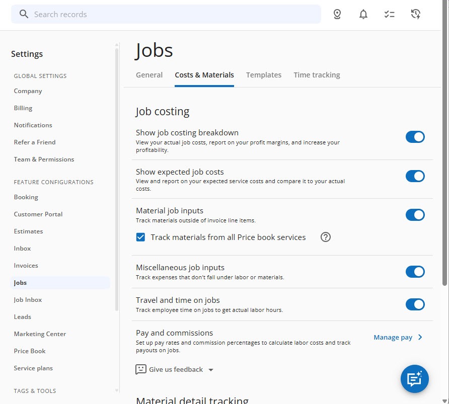 Screenshot of the Housecall Pro Jobs settings Costs and Materials tab with switches for Show job costing breakdown, Show expected job costs, and Travel and time on jobs