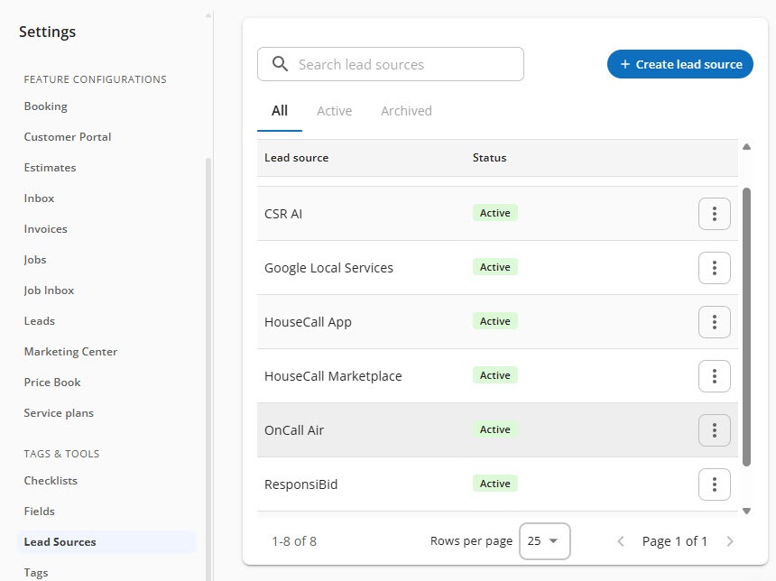 Screenshot of the Housecall Pro Lead Sources settings listing active sources with CSR AI at the top, followed by Google Local Services, HouseCall App, HouseCall Marketplace, OnCall Air, and ResponsiBid