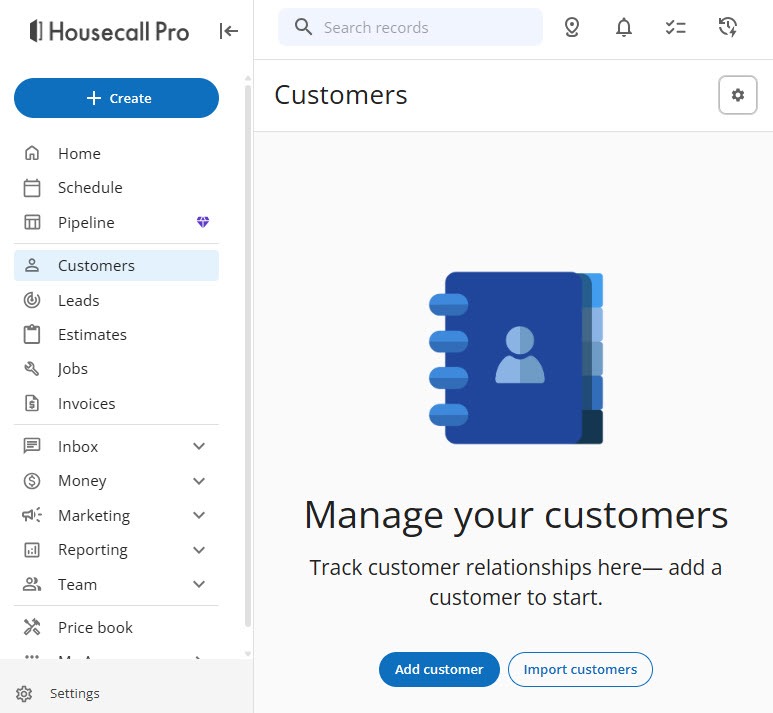 Screenshot of the Housecall Pro Customers page titled Manage your customers with Add customer and Import customers buttons