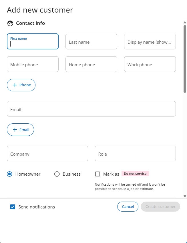 Screenshot of the Housecall Pro new customer form with first name, mobile phone, company, and email fields, a Homeowner or Business choice, and a Do not service checkbox