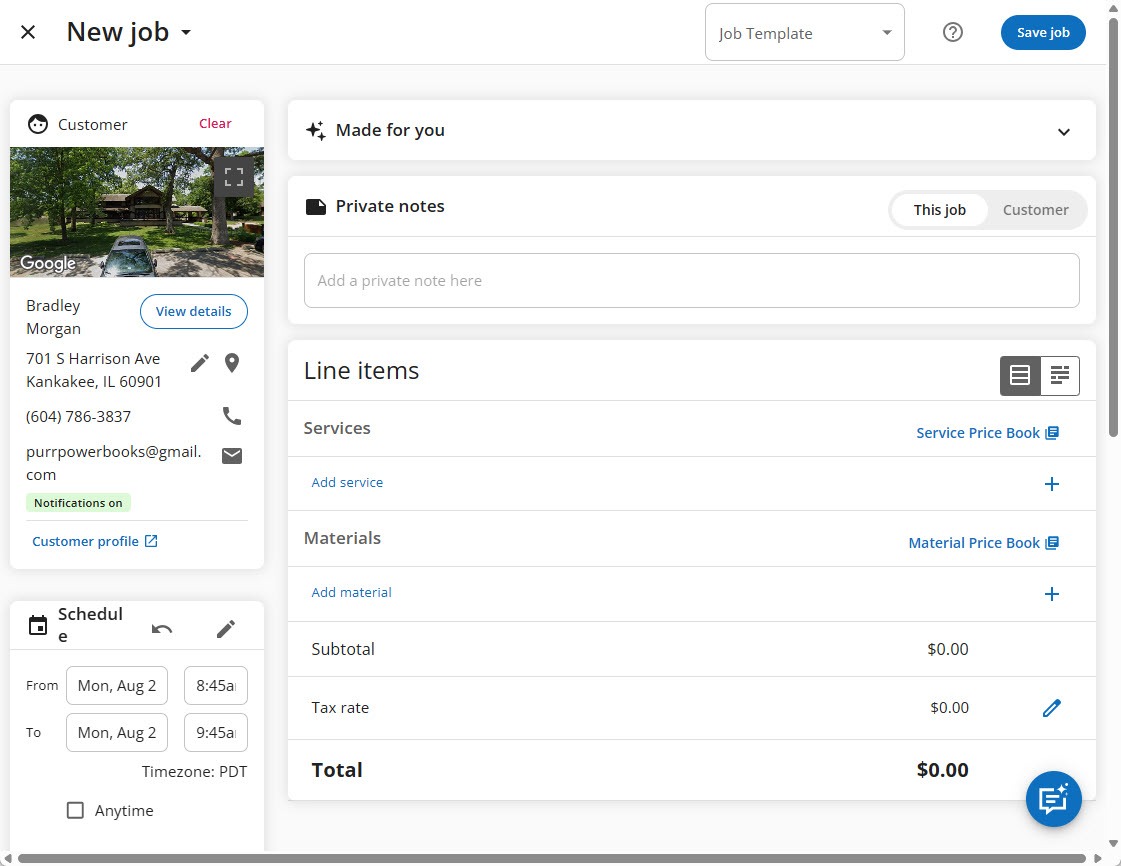 Screenshot of the Housecall Pro new job screen with a customer card and address photo, the schedule card with from and to times, private notes, and line items for services and materials with subtotal, tax rate, and total
