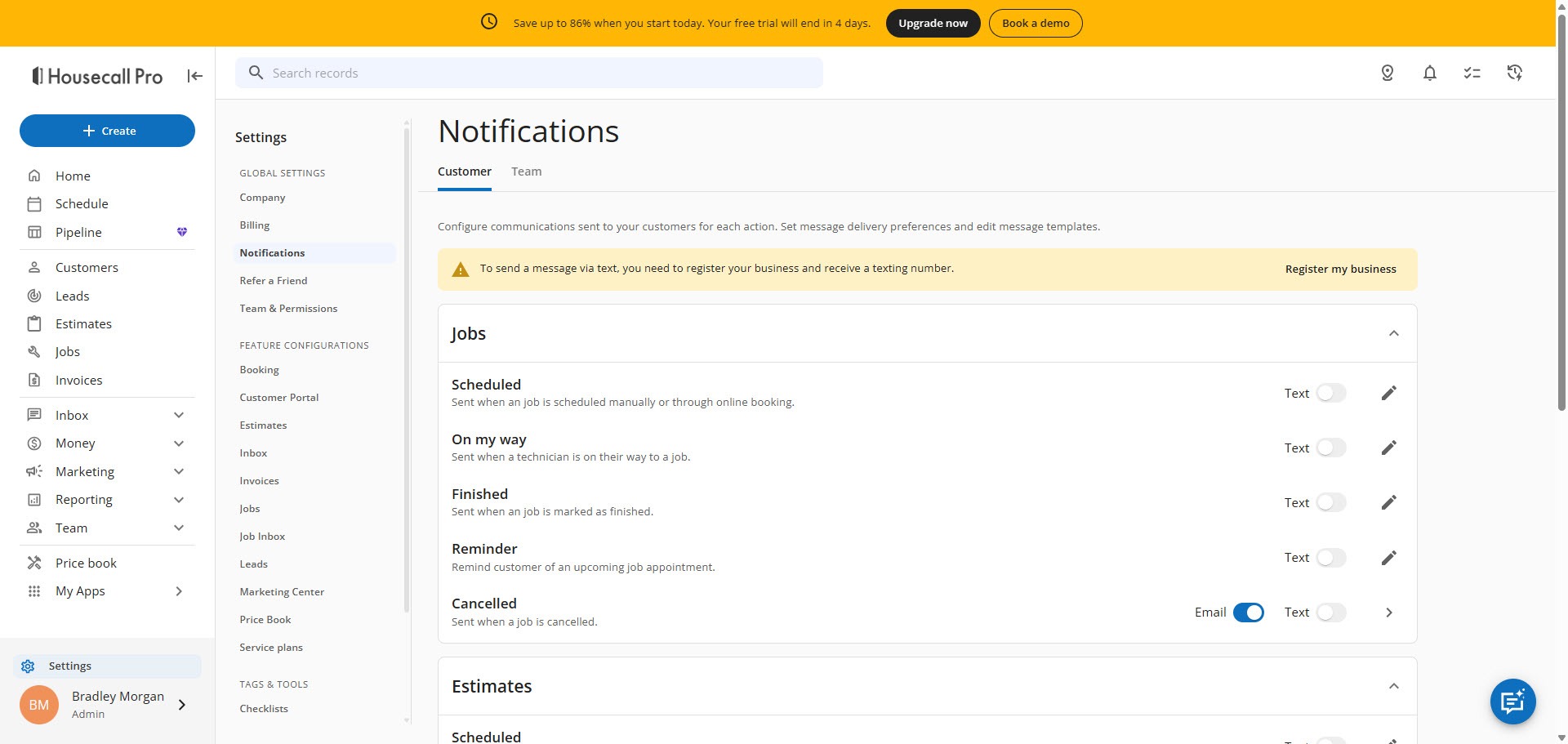 Screenshot of the Housecall Pro customer notification settings with text switches and edit pencils for Scheduled, On my way, Finished, Reminder, and Cancelled