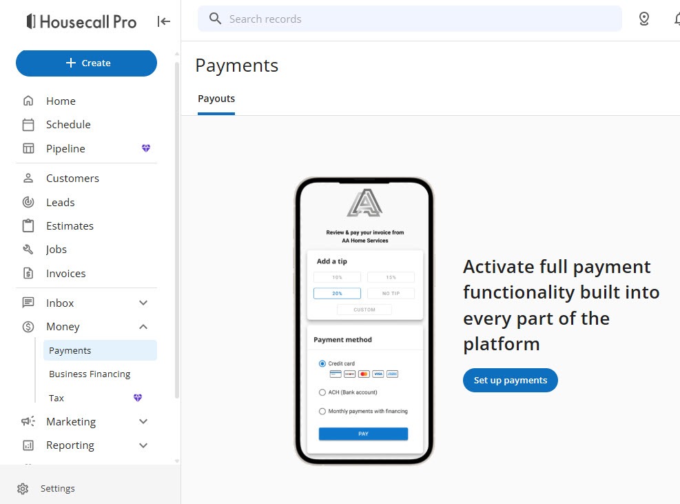 Screenshot of the Housecall Pro Money menu with Payments, Business Financing, and Tax, and the Payments page showing a phone payment screen and a Set up payments button