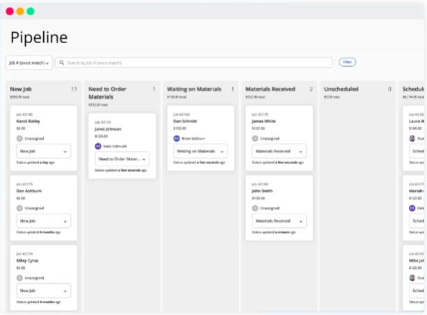 Screenshot of the Housecall Pro Pipeline board with job cards in columns such as New job, Need to Order Materials, Waiting on Materials, Materials Received, and Scheduled