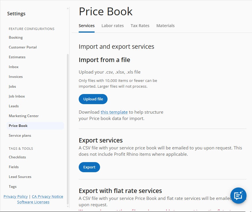 Screenshot of the Housecall Pro Price Book settings with Services, Labor rates, Tax rates, and Materials tabs, an option to import services from a csv, xlsx, or xls file, and Export services buttons