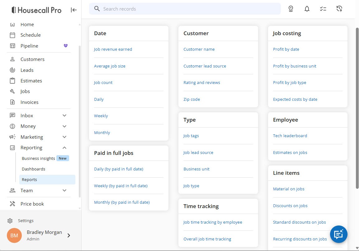 Screenshot of the Housecall Pro Reports page with report cards for Date, Customer, Job costing, Paid in full jobs, Type, Employee, Time tracking, and Line items
