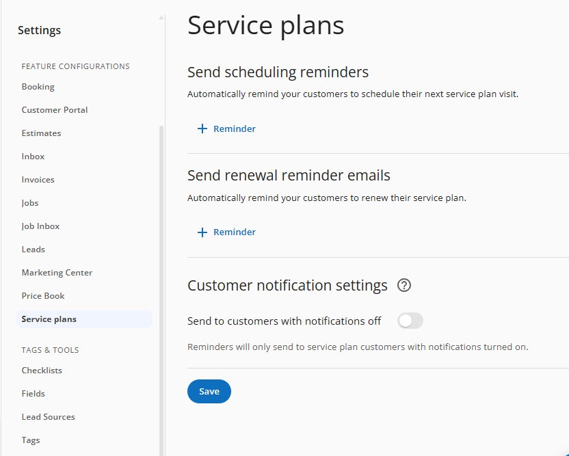 Screenshot of the Housecall Pro Service plans settings with Send scheduling reminders, a plus Reminder link, and a switch to send to customers with notifications off