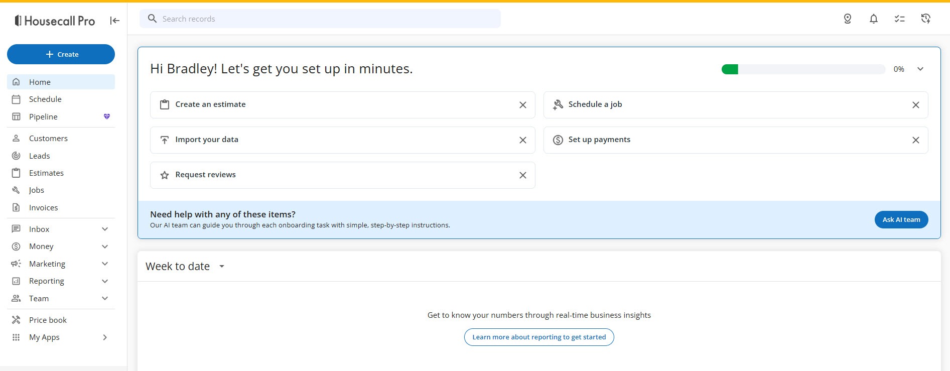 Screenshot of the Housecall Pro Home page with the Let's get you set up in minutes checklist, an Ask AI team button, and a Week to date card about real-time business insights