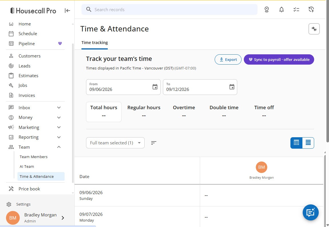 Screenshot of the Housecall Pro Time and Attendance page with a date range, columns for total, regular, overtime, double time, and time off hours, a team selector, and Export and Sync to payroll buttons