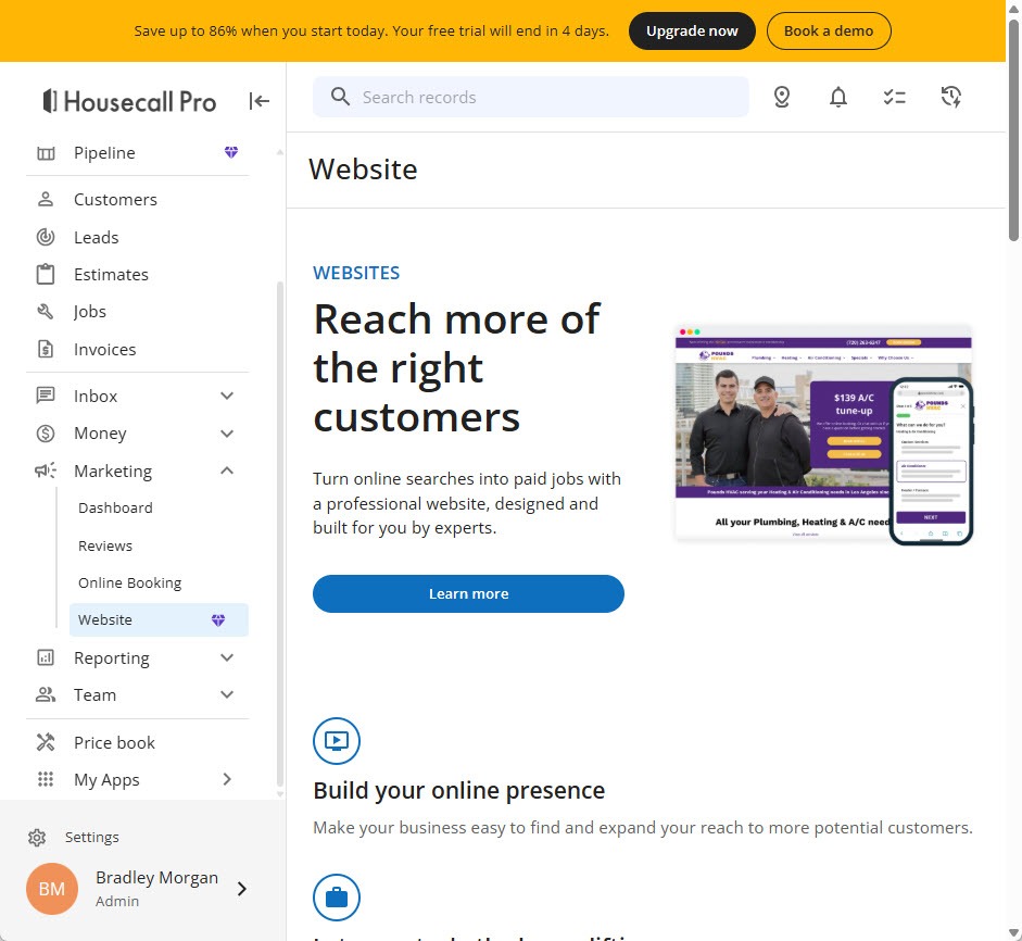 Screenshot of the Housecall Pro Marketing menu expanded to show Dashboard, Reviews, Online Booking, and Website, with the Website page headed Reach more of the right customers and a Learn more button