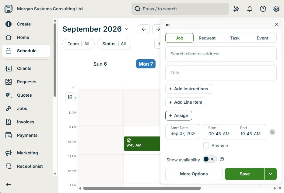 Screenshot of the Jobber Schedule calendar with an appointment and its popup showing the item type (job, request, task, or event), title, date and time, and a More options button