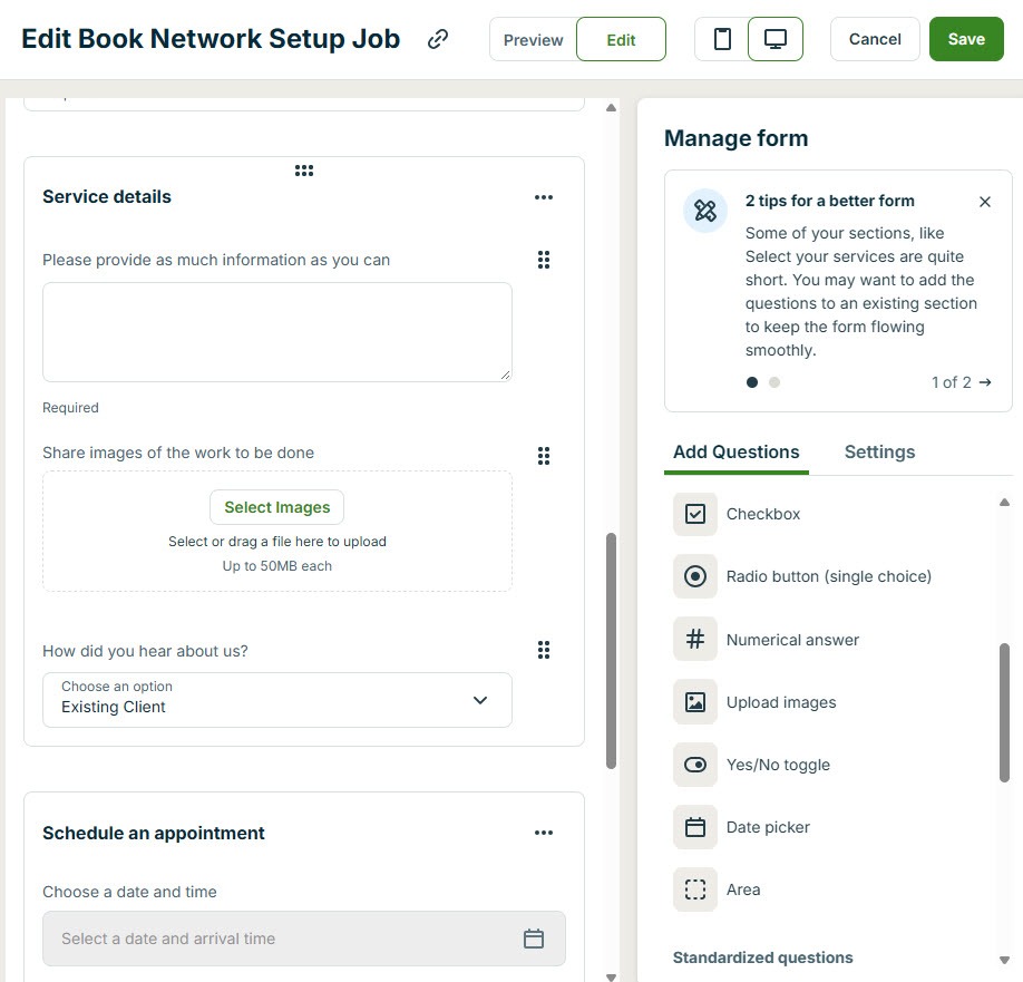 Screenshot of the Jobber booking form builder with a service details text box, image upload, How did you hear about us dropdown, appointment date and time calendar, and a right-hand panel of extra question types