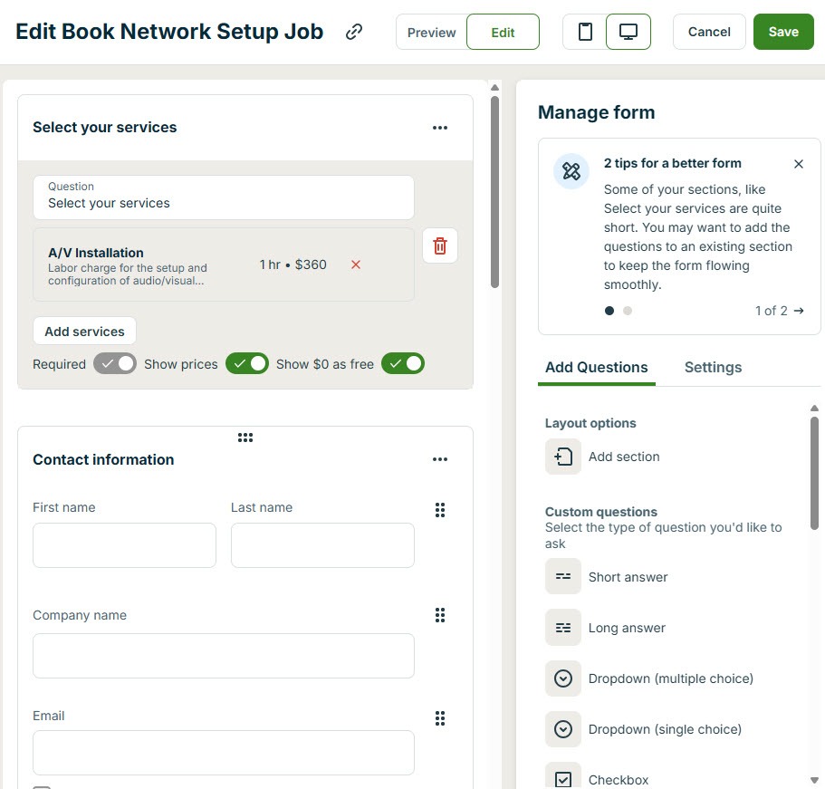Screenshot of the Jobber booking form builder adding a bookable service such as A/V Installation and the customer contact information section
