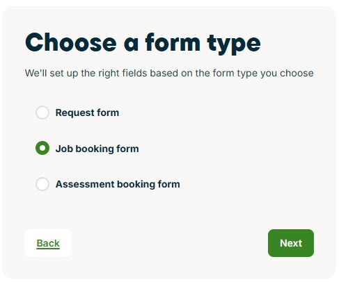 Screenshot of the Jobber Choose a form type window with Request form, Job booking form, and Assessment booking form options