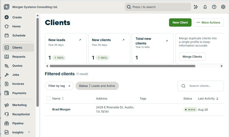 Screenshot of the Jobber Clients page showing the searchable client list and the green New Client button