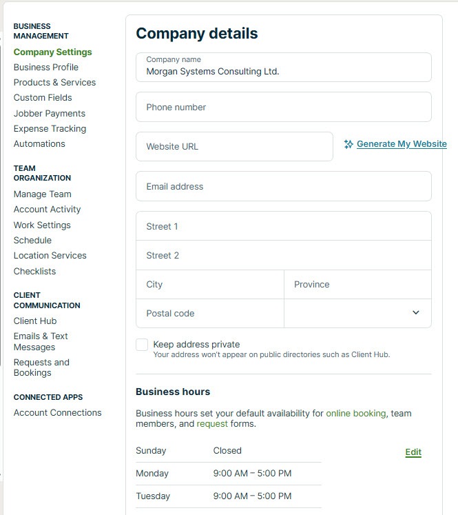 Screenshot of Jobber Settings with Company Details selected in the left menu, showing the business hours section