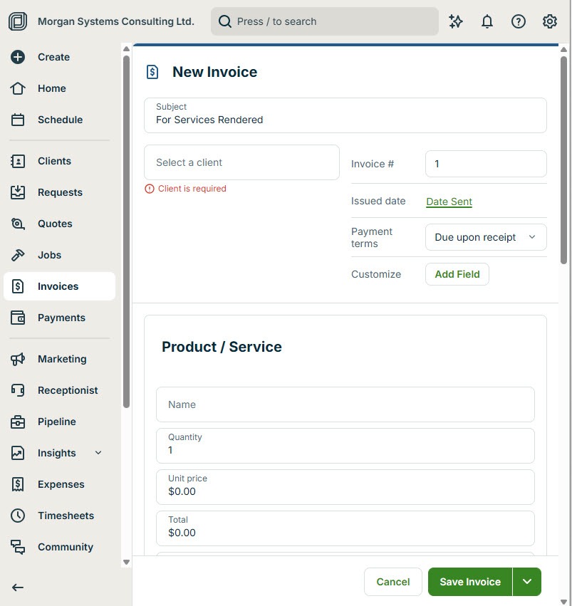Screenshot of the Jobber New Invoice screen with subject, client, invoice number, issued date, payment terms, an Add Field button, product and service line items, and a Save Invoice button