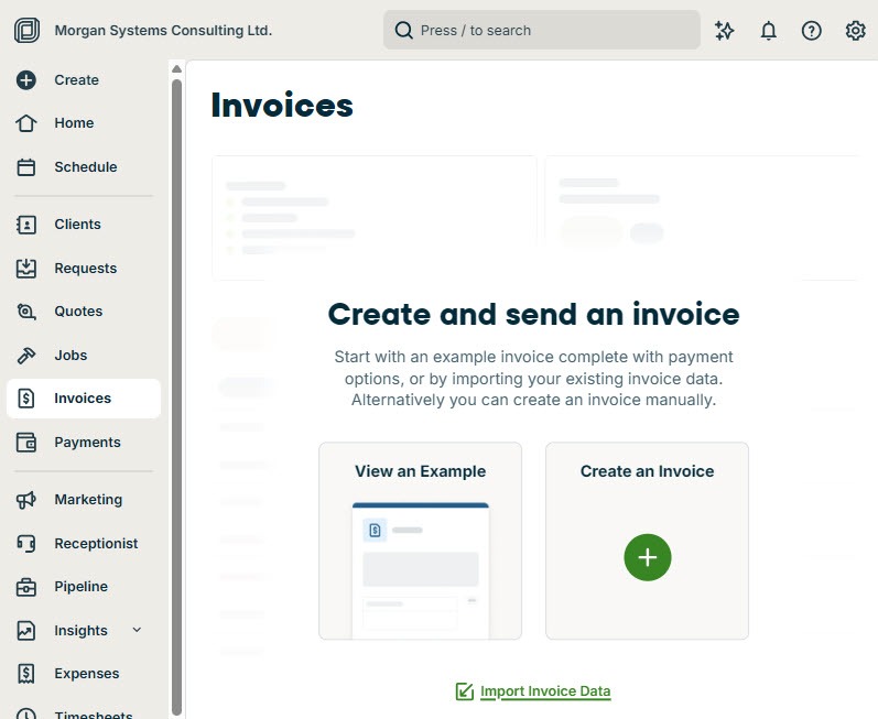 Screenshot of the Jobber Invoices page with options to view an example, create an invoice, or import invoice data
