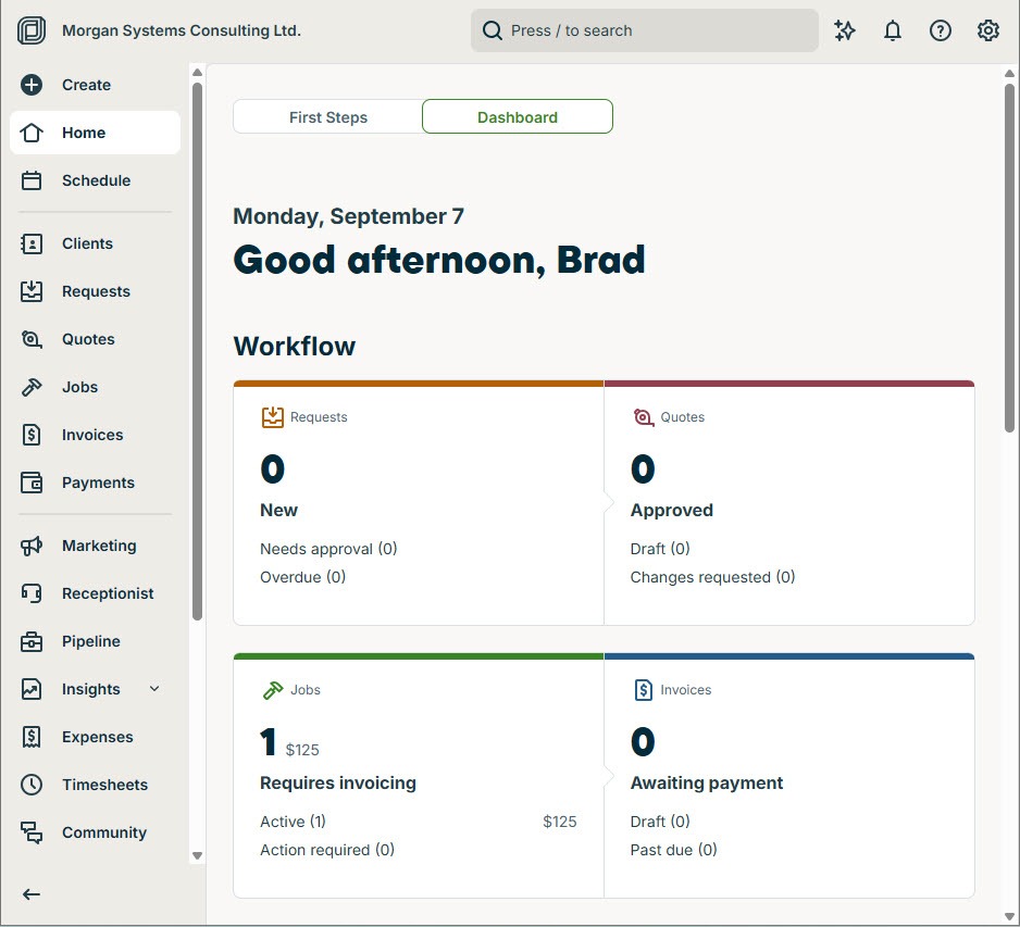 Screenshot of the Jobber home dashboard with business metrics such as jobs requiring invoicing, the Receptionist link in the left navigation, and the settings gear icon at top right