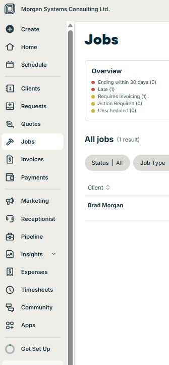 Screenshot of the Jobber Jobs page with Jobs selected in the left menu, showing the All Jobs list