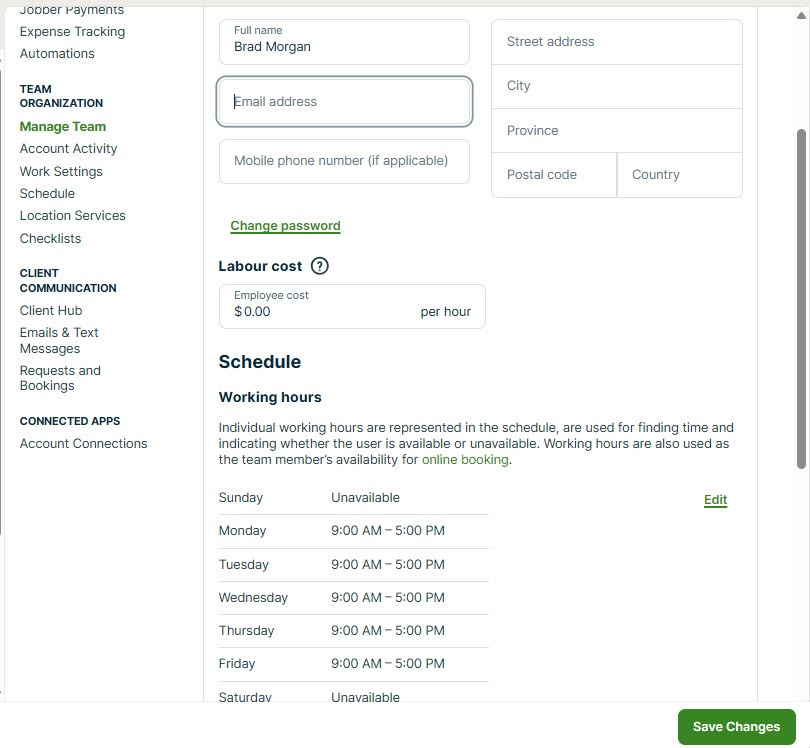 Screenshot of Jobber Manage Team settings listing team members with labor cost and working hours, with Requests and Bookings visible further down the left settings menu