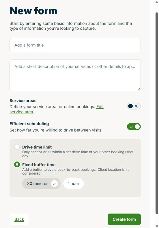 Screenshot of the Jobber new booking form screen with form name, description, service area, and efficient scheduling options for drive time and buffer time