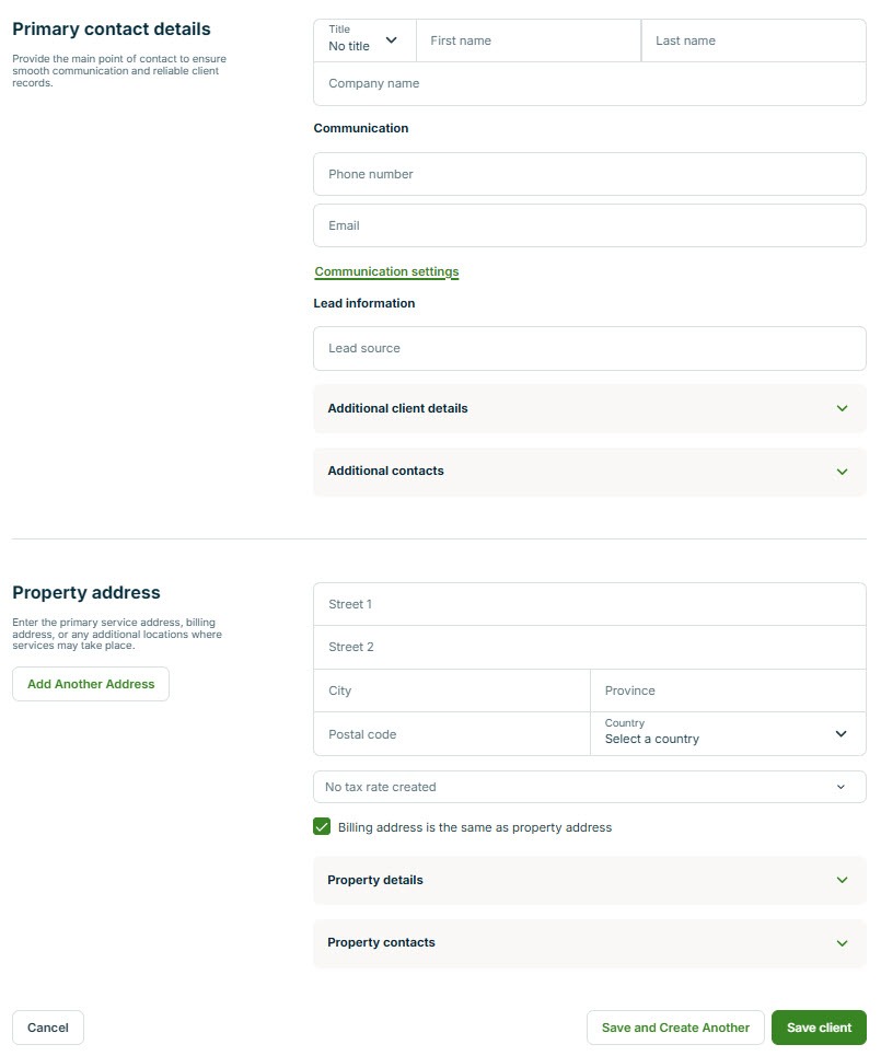 Screenshot of the Jobber New Client form with fields for the client's name, contact details, and property address