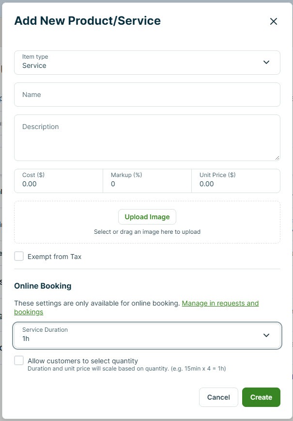 Screenshot of the Jobber new product or service form with name, description, cost, markup, unit price, image upload, tax setting, online booking duration, and an allow customers to select quantity checkbox