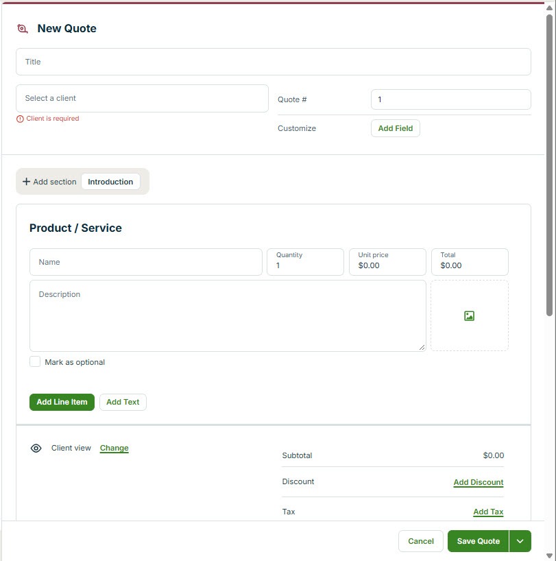 Screenshot of the Jobber New Quote screen with title, client selection, quote number, product or service line items with quantity, unit price, total and description, an Add Line Item button, a Client View link, and a Save Quote button