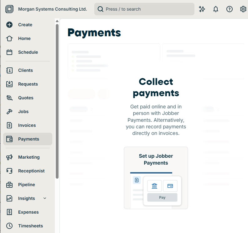 Screenshot of the Jobber Payments page with a Set up Jobber Payments button for collecting payments online and in person